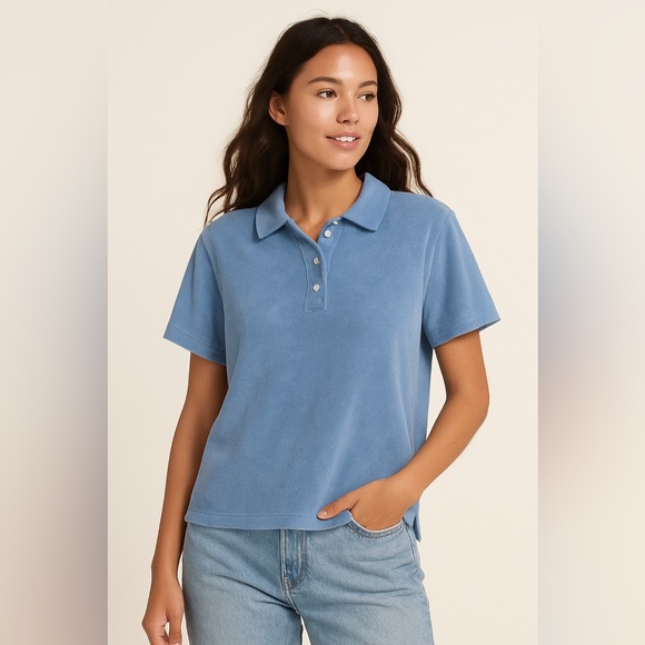 Outerknown Hightide Terry Short Sleeve Top - NWT - Size L Women's Blue Polo - Picture 1 of 11